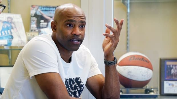 Former North Carolina and NBA guard Vince Carter at his Daytona Beach, Fla. high school on July 21, 2023.